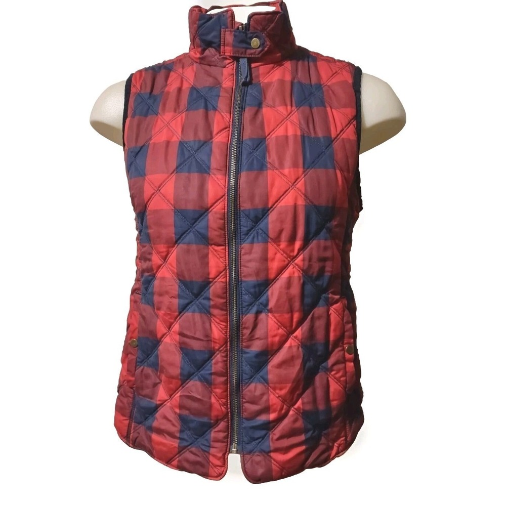 Kensie Jeans Quilted Puffer Vest Womens L Red Plaid Cabin Gorp Core Boho Retro